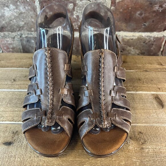 AEROSOLES Open Toe Brown Leather Chunky Block Heel Sandals Sz 8.5 - Picture 3 of 14